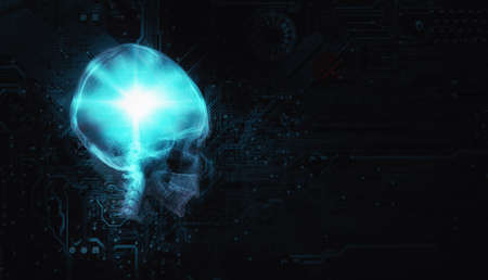 Skull profile silhouette and motherboard background.の写真素材