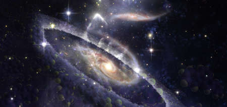 Abstract space wallpaper with circle of black hole and nebula over colorful stars and cloud fields in outer space.の写真素材