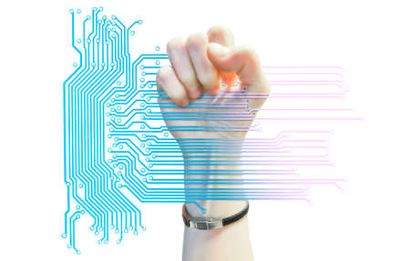 Fintech technology concept. Human fist holding motherboard scheme silhouette isolated on white background.の写真素材