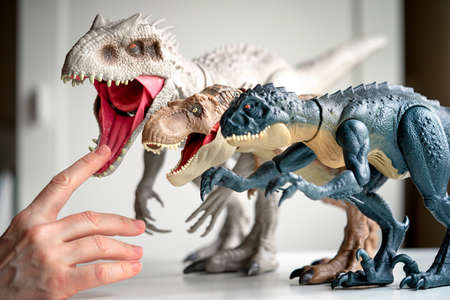 Hand touches dinosaur toys standing on the table.の写真素材