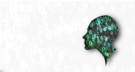 Silhouette of a human head profile cutout with a binary code made up of a green digitsの写真素材