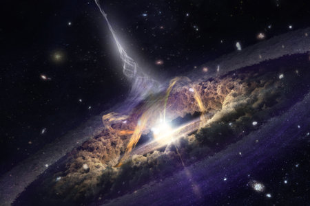 Mysterious black hole creation, energy eruption in distant space. scifi background.の写真素材