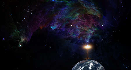Space travel concept. Spaceship launch from planet Earth and mystic galaxy open to discovery.の写真素材