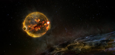 Alien planet landscape close to sun.の写真素材