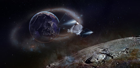 Moon surface and planet Earth with spaceship flying around.の写真素材