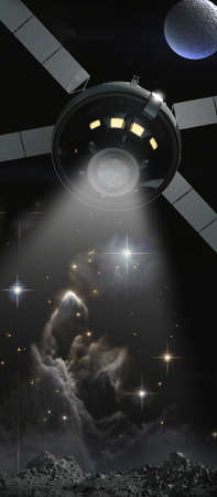 Alien spaceship illuminates extraterrestrial planet and galaxy, collageの写真素材