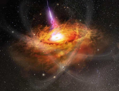 abstract space wallpaper. Black hole with nebula over colorful stars and cloud fields in outer space.の写真素材