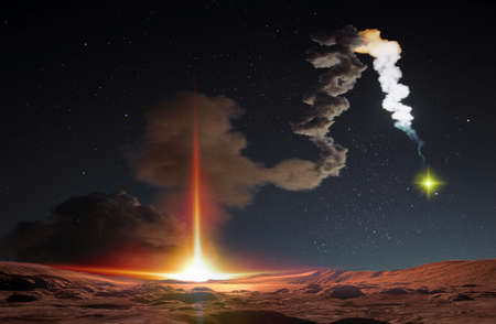 The risk of using nuclear weapons has reached its peak since the Cold War. The powers of the "nuclear club" Russia, the United States, Britain, France, China, India, Pakistan, Israel and North Korea intend to increase the number of warheads and modernize their nuclear arsenals in the coming years. Missile launch at night.の写真素材