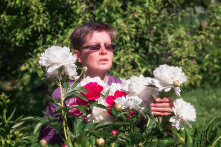 Woman in a garden with peonies collects a bouquetの写真素材