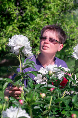 Woman wint peony flowers in a gardenの写真素材