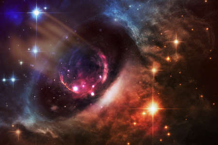 Background of fantasy alien galaxy with orange and blue glowing clouds and stars. Black hole core between different parts of space. Portal to other dimension.の写真素材