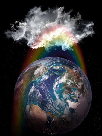 Rainboll ring around planet Earth, cloud and rain. conceptual collage.の写真素材
