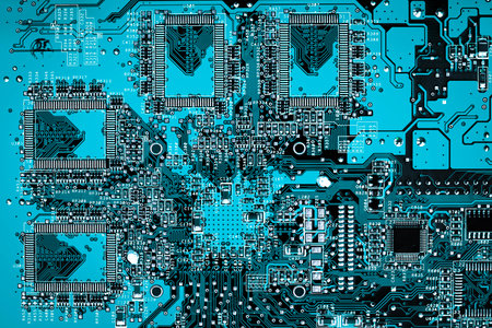 blue printed circuit board, top viewの写真素材