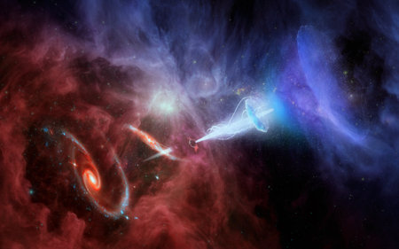 Background of fantasy space point of contact between matter and antimatter, transmission of energy. The elements of this image furnished by .の写真素材