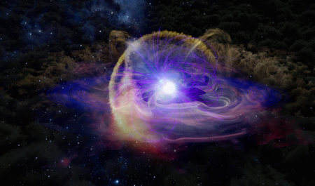 Abstract black hole with nebula over colorful stars and cloud fields in outer space. Elements of this image furnished by .の写真素材