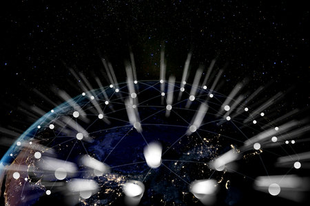 Planet Earth covered in a network. Elements of this image furnished by .の写真素材