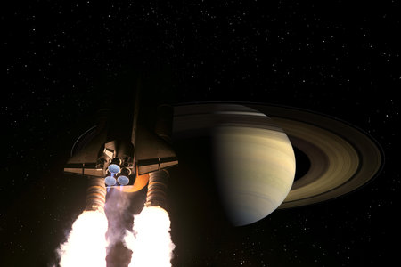 Spaceship flights to Saturn planet in space. space exploration concept. Elements of this image...