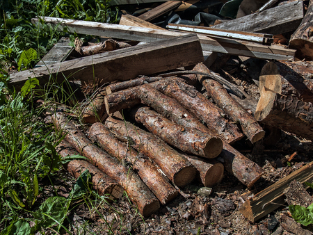 Pine logs and boards of firewood for firing ovens and fireplaces lie on the grass in summer on a...