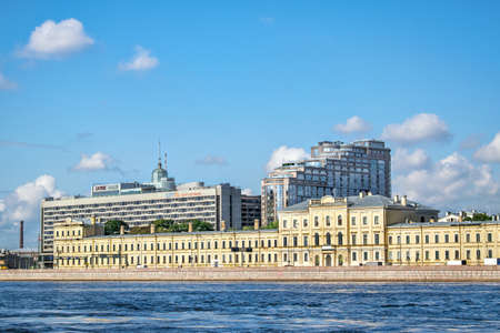 St. Petersburg, Russia, summer 2019: Neva River, Pirogovskaya Embankment, the building of the...