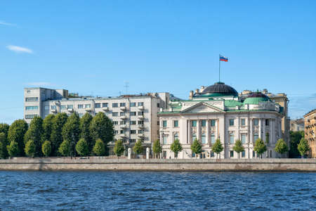 St. Petersburg, Russia, summer 2019: View from the Neva River to Petrovskaya Embankment and the Residence of the representative of the President of the Russian Federation in the North-West Federal Districtのeditorial素材