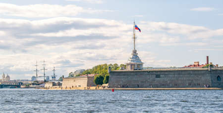 St. Petersburg, Russia, summer 2019: Peter and Paul Fortress, a beach near the fortress and a view of the city of St. Petersburgのeditorial素材