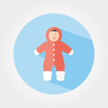 Child in winter overalls. Icon for web and mobile application. Vector illustration of a button with a long shadow. Flat design style.のイラスト素材