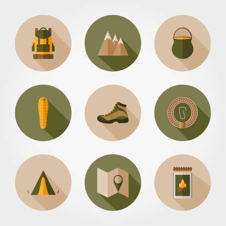 Hiking mountain. Icon set for web and mobile application. Vector illustration on a white background. Flat design style.のイラスト素材
