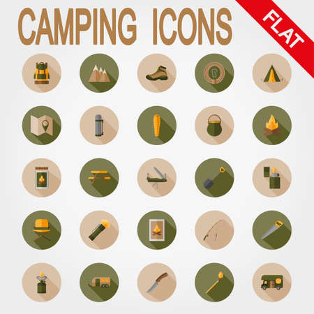 Camping. Icon set for web and mobile application. Vector illustration on a button with a long shadow. Flat design style.のイラスト素材