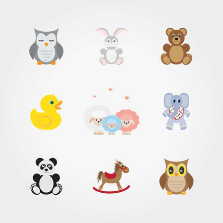 Baby toys. Cute little animals. Icon set for web and mobile application. Vector illustration on a white background. Flat design style.のイラスト素材