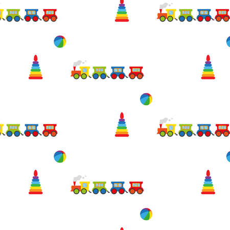 Pyramid, ball and locomotive. Seamless pattern. Vector illustration on a white background. Swatch inside.のイラスト素材