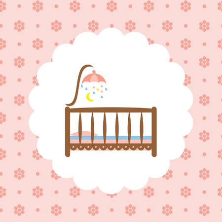 Baby crib. Flat vector illustration on floral pattern. Can be used for design greeting card, invitation or banner. All the elements can be used as icons for mobile applications or logosのイラスト素材