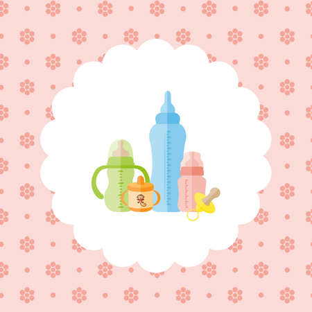 Set of baby feeding bottles, pacifier. Flat vector illustration on floral pattern. Can be used for design greeting card, invitation or banner. All the elements can be used as icons for mobile applications or logosのイラスト素材