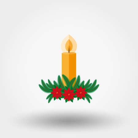 Christmas candle decorated with fir twigs and poinsettia. Icon for web and mobile application. Vector illustration on a white background. Flat design style.のイラスト素材