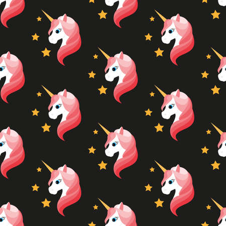 Unicorn. Vector illustration on black background. Seamless pattern. Flat design style. Swatch insideのイラスト素材