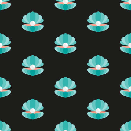 A Shell with a pearl. Vector illustration on black background. Seamless pattern. Flat design style. Swatch insideのイラスト素材
