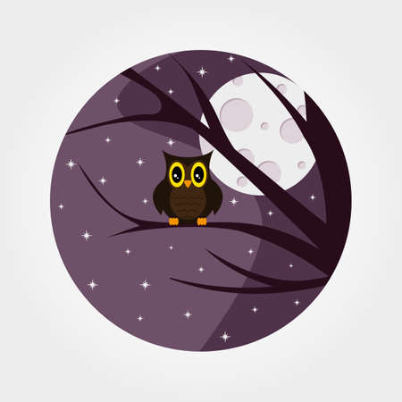 Owl with large eyes sitting on a branch against a full moon and starry night sky.のイラスト素材