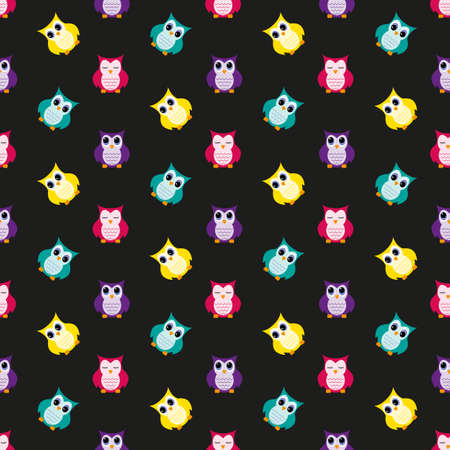 Owls. Seamless pattern. Vector illustration on a black background. Swatch inside. Flat design style.のイラスト素材