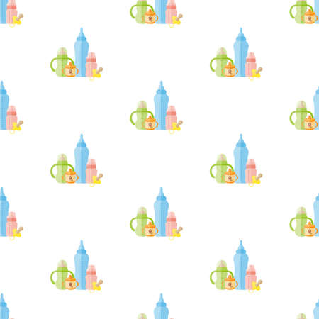 Baby feeding bottles, pacifiers Seamless pattern.のイラスト素材
