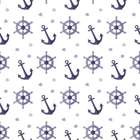 Nautical seamless pattern. Anchor, Steering Wheel, Shell. Vector illustration on white background. Flat design style. Swatch insideのイラスト素材