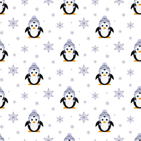 Penguin in a knitted hat. Snowfall. Seamless pattern. Vector. Flat.のイラスト素材
