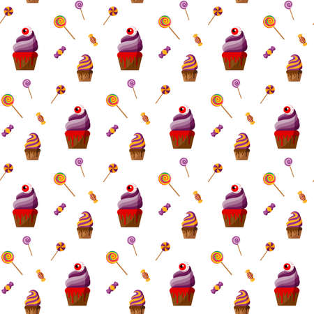 Halloween Spooky Cupcake. Vector illustration. Seamless pattern. Flat.のイラスト素材