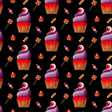 Halloween Spooky Cupcake. Vector illustration. Seamless pattern. Flat.のイラスト素材