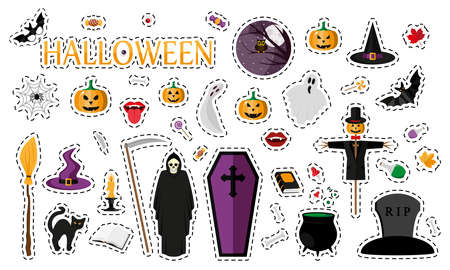 Halloween. Fashion patch badges with sweet pumpkins, ghosts and other elements. Set of stickers, pins, patches in cartoon 80s-90s comic style. Vector illustration isolated on white background.のイラスト素材