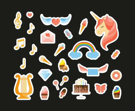Unicorn, rainbow, harp, musical notes, sweets and other fashion patch badges.のイラスト素材