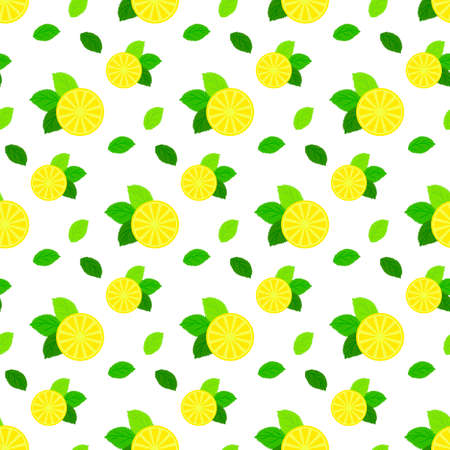 Seamless pattern with citrus fruits. Lemon and mint on white background.のイラスト素材