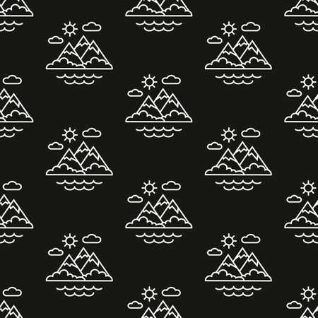 Mountains, sun, clouds. Pattern. Seamless vector illustration. Line. Flat.のイラスト素材