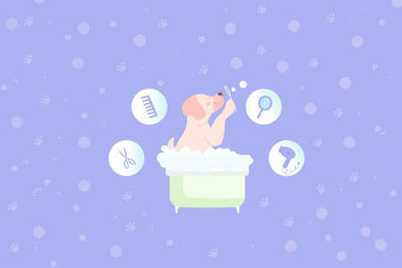Cute light dog takes a bath and blows soap bubblesのイラスト素材