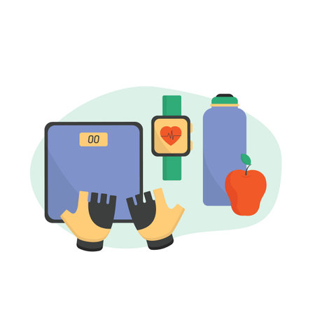 Sport equipment, fitness inventory. vector illustration set. Scales, water bottle, apple, gloves, watch braceletのイラスト素材