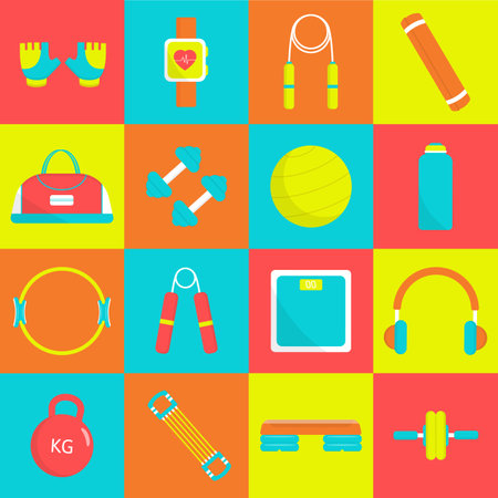 Set of sport equipment, fitness accessories. Sports icons.のイラスト素材