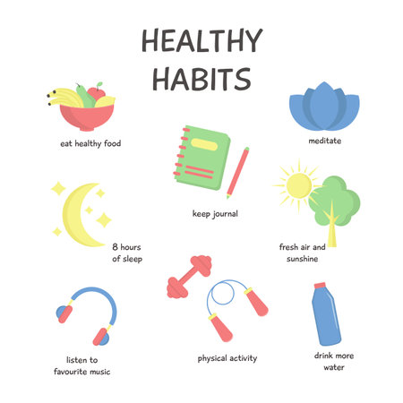 Healthy lifestyle concept, self care healthy habits, flat style vector illustrationのイラスト素材